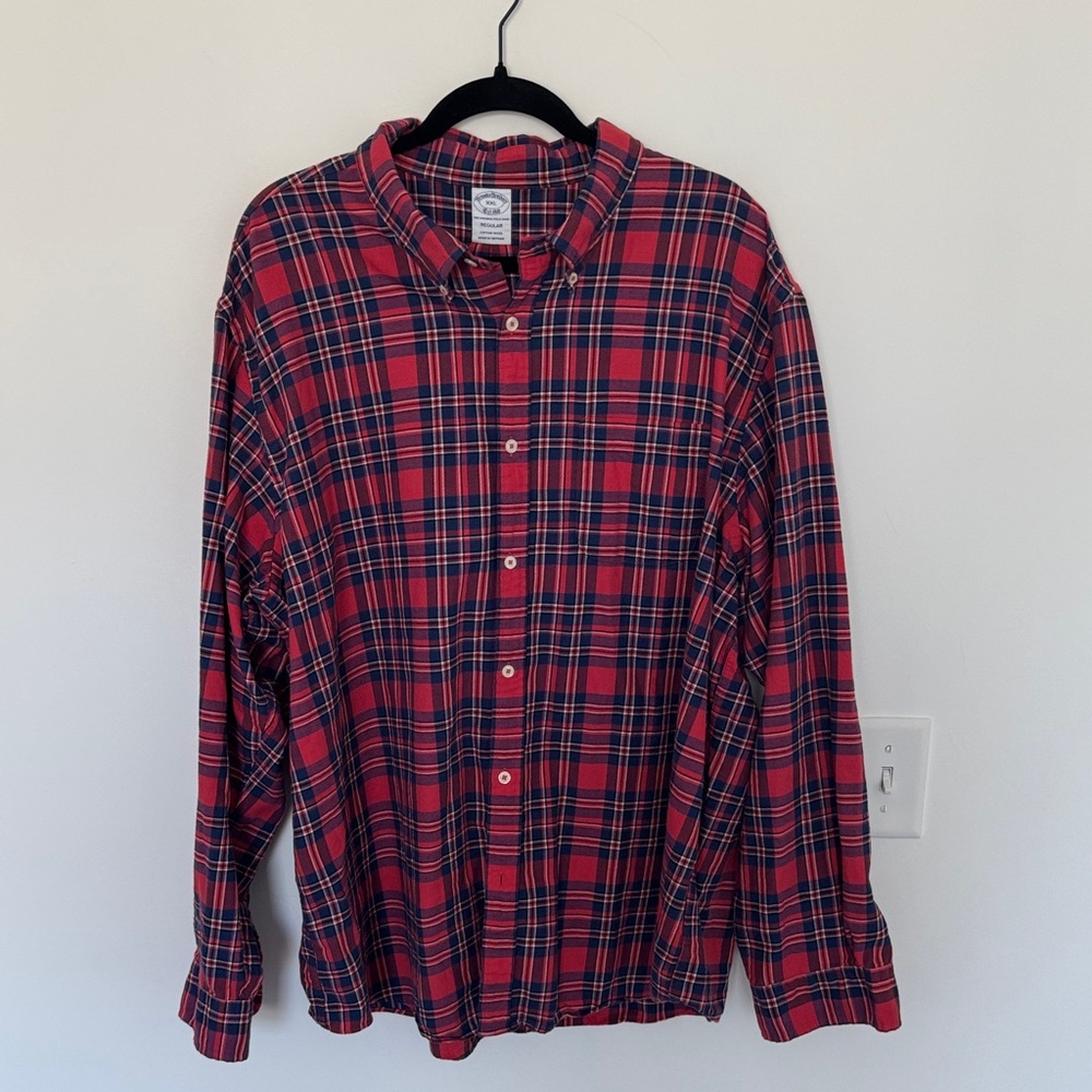 Brooks Brothers The Original Polo Shirt, Red & Blue Plaid Cotton Wool - Size XXL